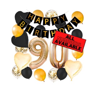 90th Birthday Decorations For Him or Her - Gold and Black Theme - 90th Birthday Balloons Banner Heart & Confetti Balloons 90 Birthday Party