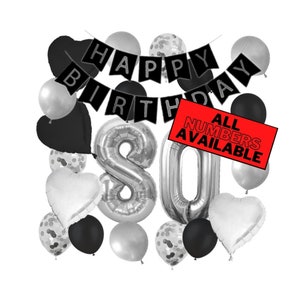 80th Birthday Decorations For Him or Her - Silver and Black Theme - 80th Birthday Balloons Banner Heart & Confetti Balloons 80 Birthday