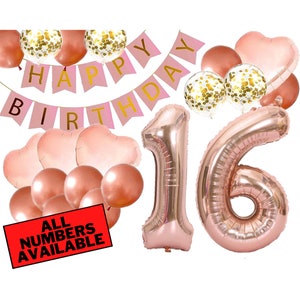 16th Birthday Decorations - Pink and Rose Gold Theme - Sweet 16 Birthday Balloons, Banner, Heart and Confetti Balloons