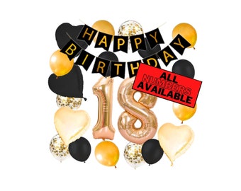 18th Birthday Decorations For Him or Her - Gold and Black Theme - 18th Birthday Balloons Banner Heart & Confetti Balloons 18 Birthday Party