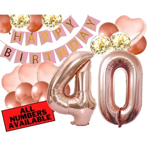 40th Birthday Decorations - Pink and Rose Gold Theme - 40th Birthday Balloons, Banner, Heart Balloons, Confetti Balloons - 40 Birthday Party