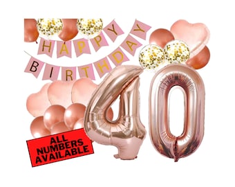 40th Birthday Decorations - Pink and Rose Gold Theme - 40th Birthday Balloons, Banner, Heart Balloons, Confetti Balloons - 40 Birthday Party