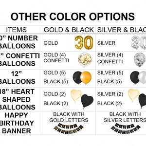 May include: A chart showing different color options for birthday party decorations. The options include gold and black or silver and black. The decorations include a 40 inch number balloon, 12 inch confetti balloons, 12 inch balloons, 18 inch heart shaped balloons, and a happy birthday banner.