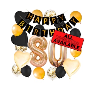 80th Birthday Decorations For Him or Her - Gold and Black Theme - 80th Birthday Balloons Banner Heart & Confetti Balloons 80 Birthday Party