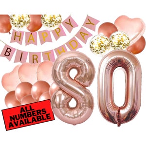 80th Birthday Decorations - Pink and Rose Gold Theme - 80th Birthday Balloons, Banner, Heart Balloons, Confetti Balloons - 80 Birthday Party