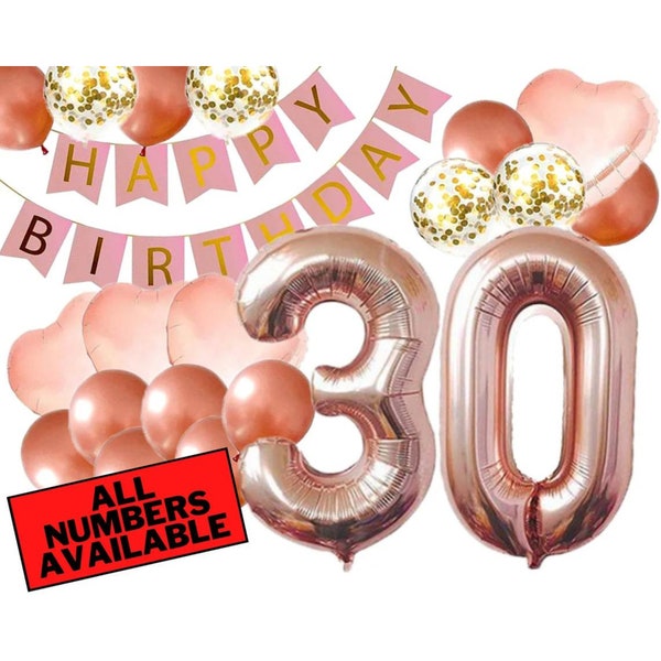 30th Birthday Decorations - Pink and Rose Gold Theme - 30th Birthday Balloons, Banner, Heart Balloons, Confetti Balloons - 30 Birthday Party