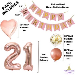May include: A pink and gold happy birthday banner with gold letters. The banner is strung together with pink and gold balloons, including heart-shaped balloons, confetti balloons, and number balloons. The balloons are in the colors pink, gold, and clear.