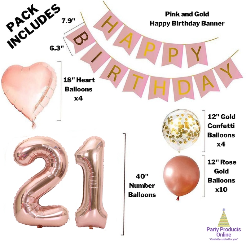May include: A pink and gold happy birthday banner with gold letters. The banner is strung together with pink and gold balloons, including heart-shaped balloons, confetti balloons, and number balloons. The balloons are in the colors pink, gold, and clear.