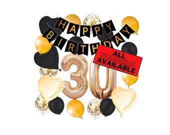 30th Birthday Decorations For Him or Her - Gold and Black Theme - 30th Birthday Balloons Banner Heart & Confetti Balloons 30 Birthday Party