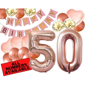 50th Birthday Decorations - Pink and Rose Gold Theme - 50th Birthday Balloons, Banner, Heart Balloons, Confetti Balloons - 50 Birthday Party