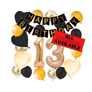 13th Birthday Decorations For Him or Her - Gold and Black Theme - 13th Birthday Balloons Banner Heart & Confetti Balloons 13 Birthday Party