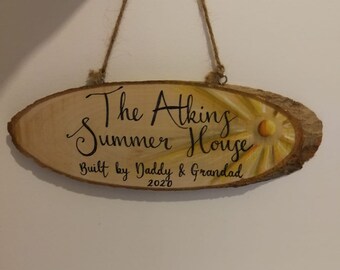 Summer house wooden hanging personalised sign garden decoration