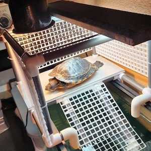 May include: A turtle tank with a basking platform and a heat lamp. The turtle is on the platform, which is made of white plastic and has a grid pattern. The tank is filled with water and has a white plastic grid on the bottom.