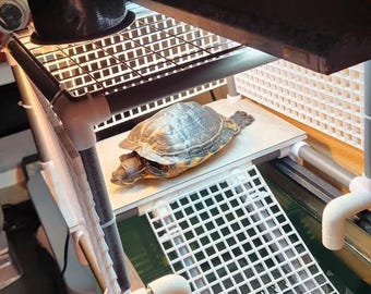 May include: A turtle tank with a basking platform and a heat lamp. The turtle is on the platform, which is made of white plastic and has a grid pattern. The tank is filled with water and has a white plastic grid on the bottom.