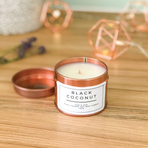 Black coconut soy wax scented candle / Rose gold tin candle / birthday gift ideas