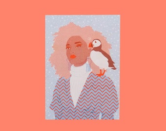 A6 Print Riso Wintery Christmas Card Woman with Puffin Portrait Illustration with Envelope