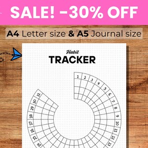 Könnte beinhalten: Ein schwarz-weißer Gewohnheitstracker mit dem Wort "Habit TRACKER" oben. Der Tracker ist mit einem kreisförmigen Raster gestaltet, das von 1 bis 31 nummeriert ist. Der Text "A4 Letter size & A5 Journal size" ist ebenfalls sichtbar.