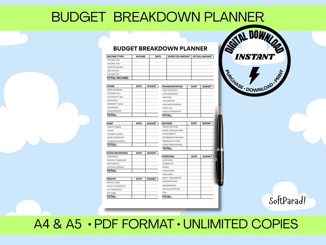 Ultimate Budget Breakdown Planner — Printable A4 & A5 Templates (filled ...