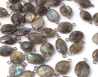 Natural Labradorite 10x40mm Rectangle Briolette 925 Sterling Silver Plated Bezel Connector