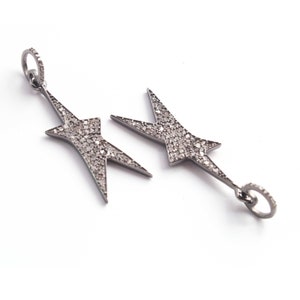 1 Pc Pave Diamond Star Charm Pendant, 33mmx9mm 925 Sterling Silver Pendant, Diamond Findings, WG166