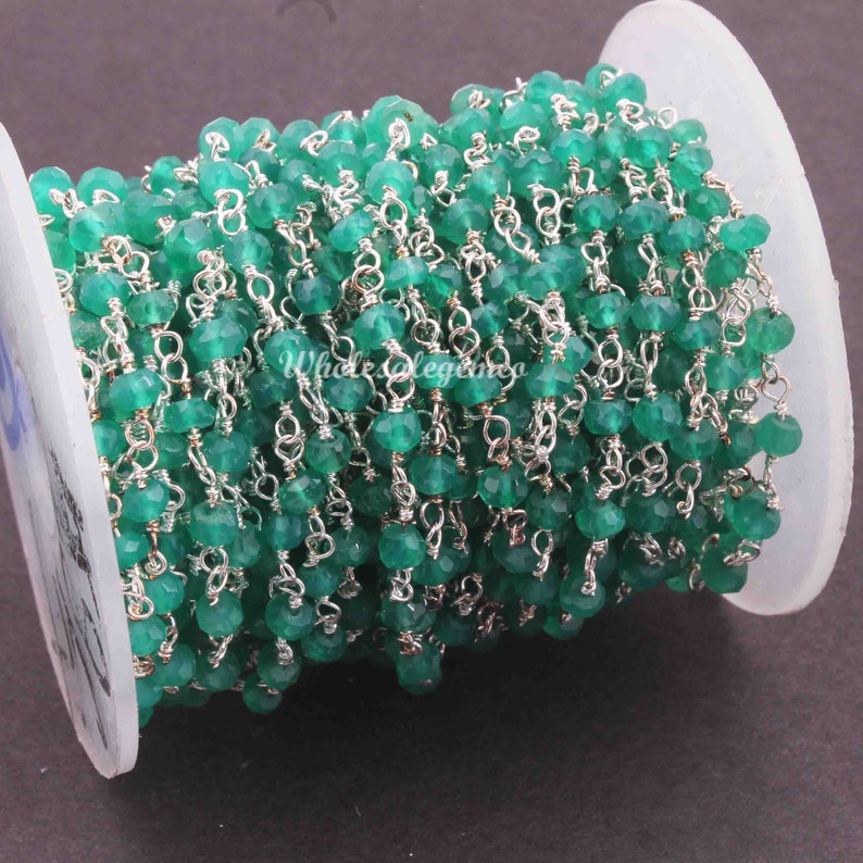 3.5mm Faceted Beads RC119 Silver Plated Wire Wrapped Beaded Chain 5 Feet Green Onyx Gemstone Rosary Chain
