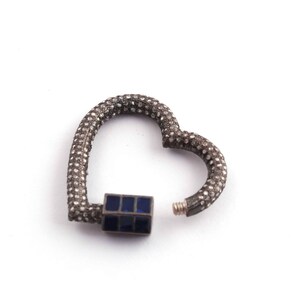 1 Pc Pave Diamond Carabiner Lock, Heart Shape Screw Mechanism Clasp, 28mm, 925 Sterling Silver, Blue Color Enamel C072