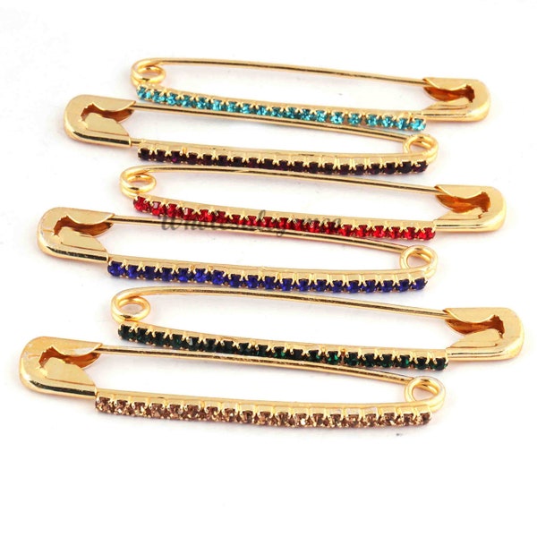 1 épingle de sécurité pc, épingle de sécurité multicolore, épingles en strass, épingle de sécurité diamant designer, plaqué or 24K 53mmx11mm, cadeau pour elle