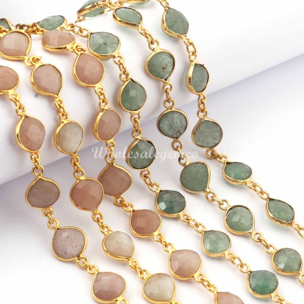 1 Foot Peach Moonstone/Green Fluorite Gemstone Connector Chain, 17mmx10mm Heart Faceted Beads, Gold Plated Wire Wrapped Chain, GC041