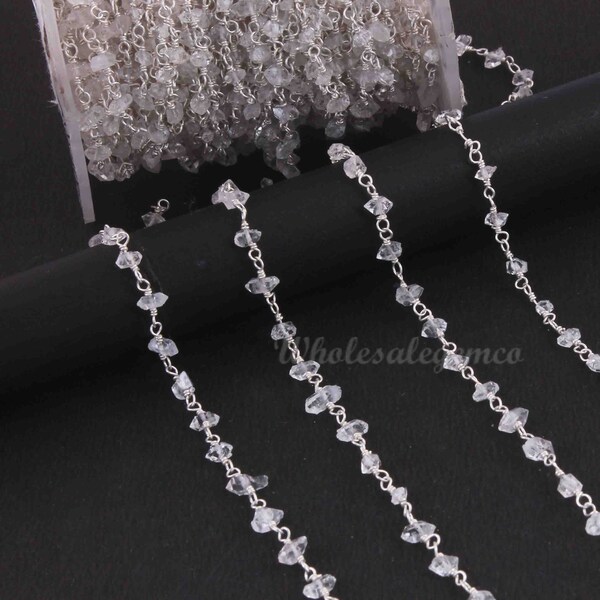 1 Foot Clear Herkimer Beaded Chain, 925 Sterling Silver Rosary Chain, 4mm-6mm Faceted Nugget Beads, Silver Jewelry SSC003