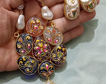 Conjunto de collar y pendientes Tanjore, colgante de perlas, joyería india Meenakari (16-18 pulgadas)