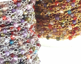 5 Feet 24k Gold Rosary Chain: Multi Zircon Gemstone Beaded Jewelry