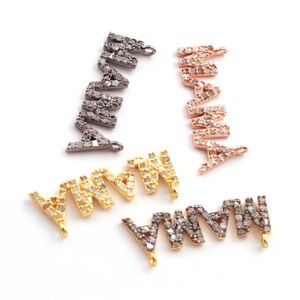 1 Pç Pave Diamond 'MAMA' Carta Charm Pingente, 925 Prata Esterlina/Ouro Amarelo Vermeil 27mmx10mm, DJ00378