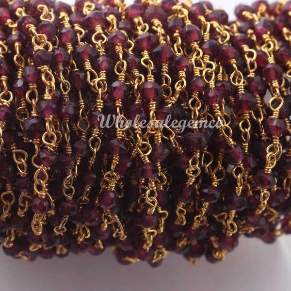 5 Feet Garnet Gemstone Rosary Chain, 3.5mm-4mm Faceted Beads, 24k Gold Plated Wire Wrapped Chain, Beaded Chain Jewelry RC015