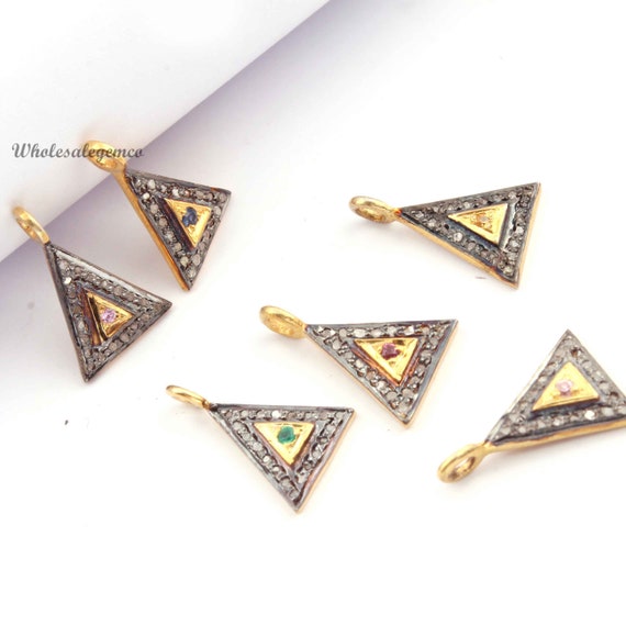 Pave Diamond Triangle Pendant: Gemstone Center, Sterling Vermeil (14mmx9mm)