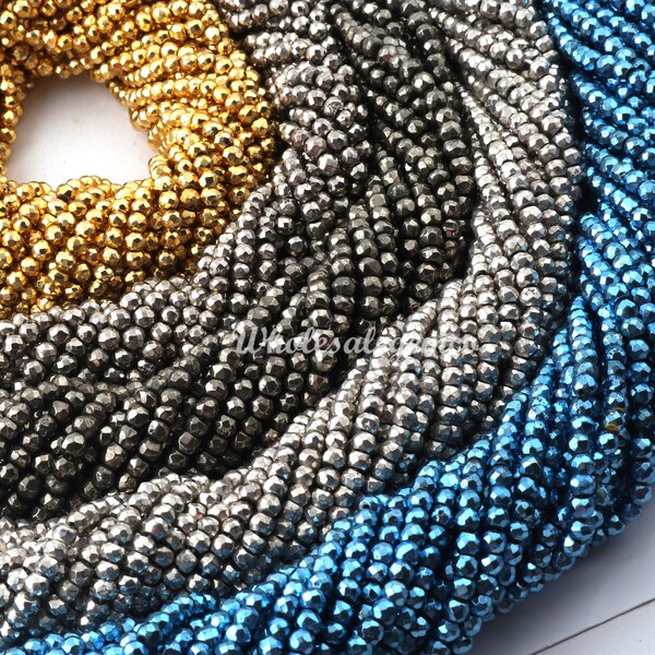 Pyrite Gemstone Rondelles, Semi Precious Beads, 13 Inches Long- 3mm-4mm Faceted Beads, Roundelles Jewelry You Choose