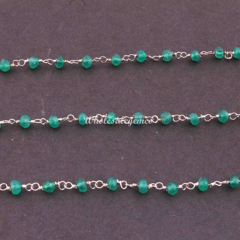 3.5mm Faceted Beads RC119 Silver Plated Wire Wrapped Beaded Chain 5 Feet Green Onyx Gemstone Rosary Chain