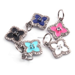 1 Pc Beautiful Pave Diamond Enamel Clover Pendant, 17mmx14mm, 925 Sterling Silver, You Choose Color Dj00003