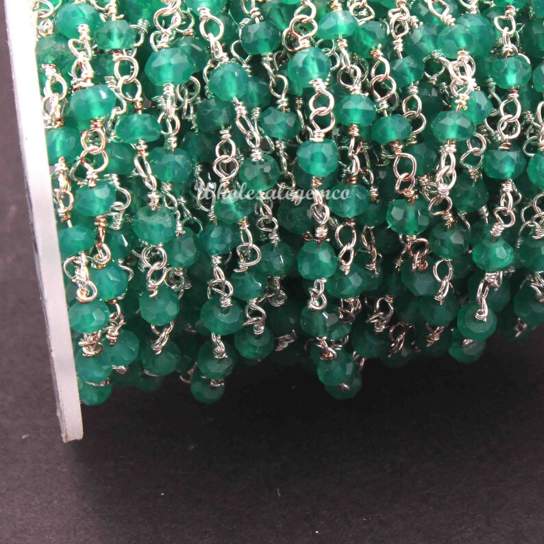 3.5mm Faceted Beads RC119 Silver Plated Wire Wrapped Beaded Chain 5 Feet Green Onyx Gemstone Rosary Chain