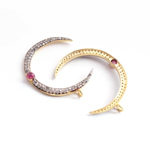 1 Pc Beautiful Pave Diamond Moon Charm Pendant, Rainbow Moonstone/Ruby 30mmx3mm, 925 Sterling Vermeil, You Choose DJ019