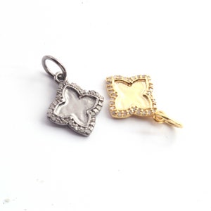 1 Pc Pave Diamond Clover Charm Pendant, Designer Clover Shape Charm, 925 Sterling Silver/Yellow Gold Vermeil, 17mmx13mm  DJ00082