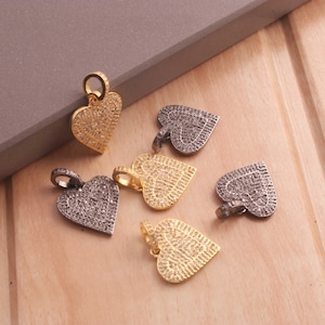 Pave Diamond Heart Charm Pendant: Sterling Silver or Gold Vermeil (17mmx16mm)