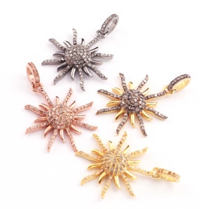 1 Pc Pave Diamond Sunburst Charm Pendant, 925 Sterling Silver Pendant/Yellow Gold Vermeil,  28mmx25mm DJ00485