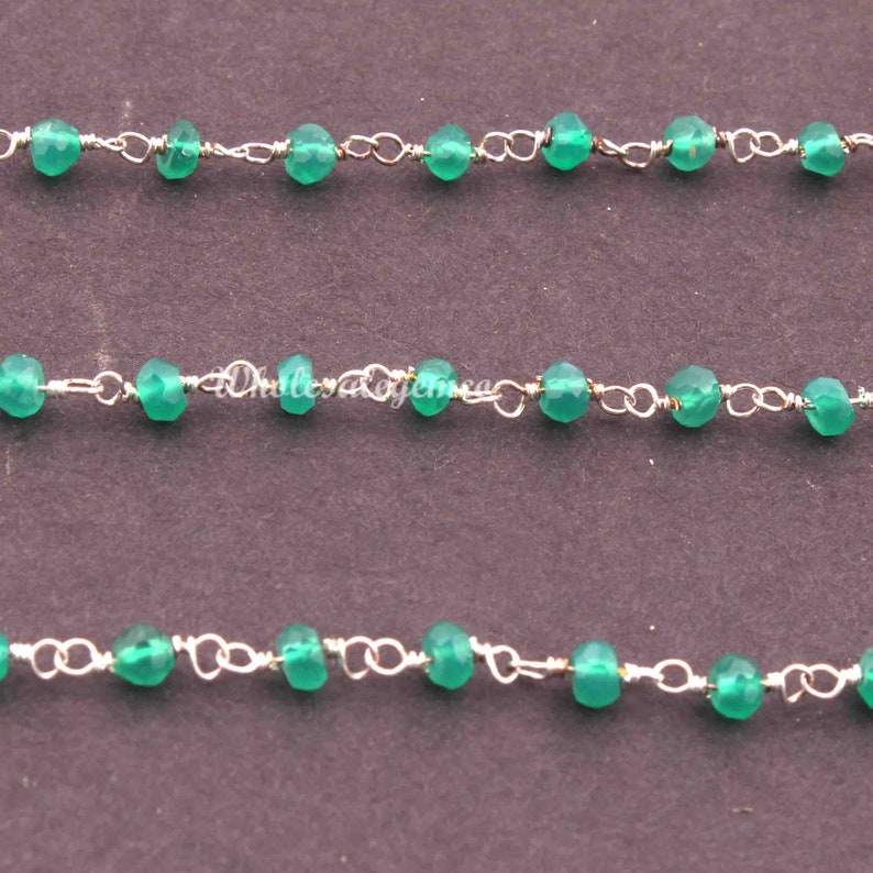 3.5mm Faceted Beads RC119 Silver Plated Wire Wrapped Beaded Chain 5 Feet Green Onyx Gemstone Rosary Chain