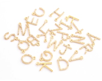 1 Stück Pave Diamant Alphabet Charm Anhänger, 12mm-13mm Inital Anhänger Charms, Gelbgold Vermeil, A bis Z Letter Charm DJ437