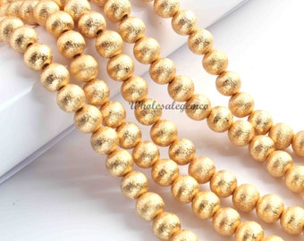 Gold Plated Copper Beads: 8mm Brushed Round Balls, 8 Inch Strand