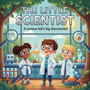 Op de afbeelding: Kleurrijke illustratie van drie jonge wetenschappers in laboratoriumjassen, die bekers vasthouden en een veiligheidsbril dragen. De tekst "THE LITTLE SCIENTIST" en "A curious kid's big discoveries!" is zichtbaar. Een vergrootglas en een kleine robot zijn ook aanwezig.