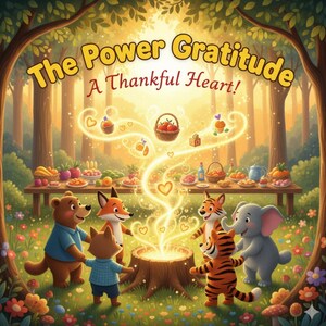 Può includere: Illustrazione colorata di una scena boschiva con animali dei cartoni animati riuniti attorno a un ceppo luminoso. Il testo "The Power of Gratitude, A Thankful Heart!" è sopra un tavolo carico di cibo, con un'esposizione luminosa a forma di cuore.