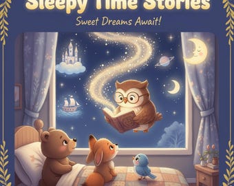 Puede incluir: Ilustración de portada de libro infantil con el título "Sleepy Time Stories" y el lema "Sweet Dreams Await!". Un búho con gafas lee un libro, con un oso, un zorro y un pájaro azul en una cama, mirando hacia arriba. El fondo muestra un cielo nocturno con una luna, estrellas y un castillo.