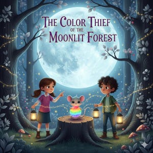 Pode incluir: Ilustração da capa de um livro infantil intitulado "O Ladrão de Cores da Floresta Lunar". A imagem apresenta duas crianças, um rato e um orbe arco-íris num tronco de árvore, num cenário de floresta iluminada pela lua.