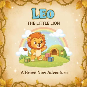 Puede incluir: Portada de libro infantil con un león de dibujos animados llamado Leo. El título dice "Leo The Little Lion" en letras azules. El león está de pie frente a un arcoíris y una colina verde con una cueva. El texto "A Brave New Adventure" está en la parte inferior.